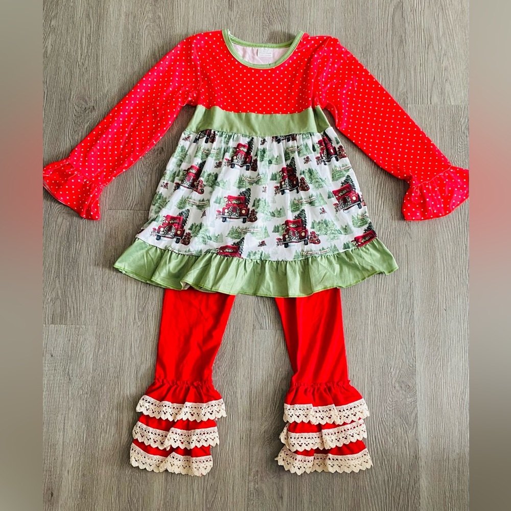 ❌SOLD❌Girls Boutique Red Truck Christmas Outfit Size 6-7